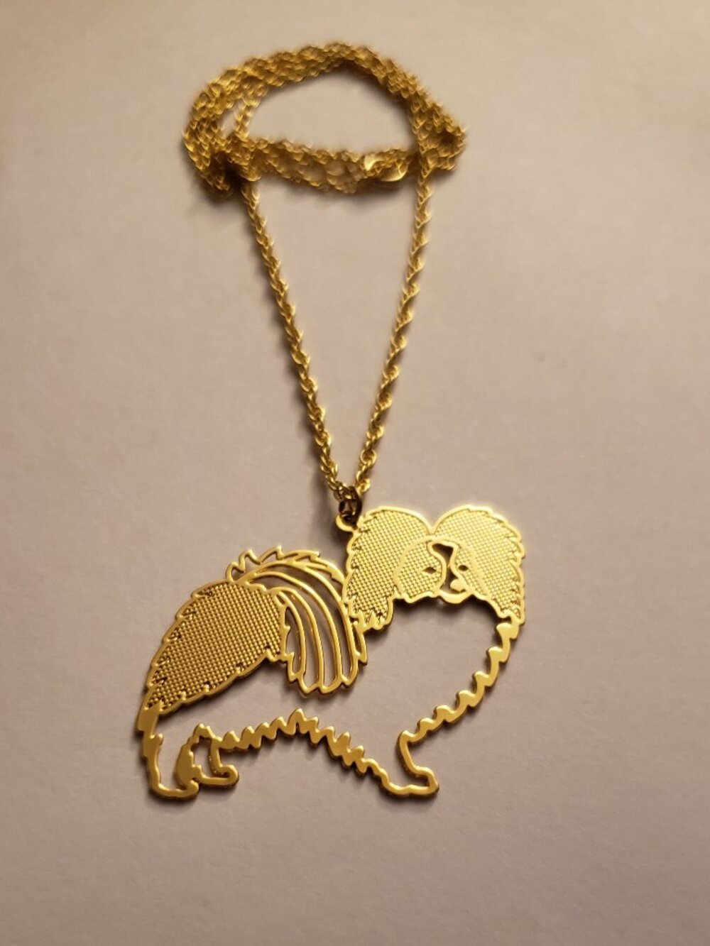 Vintage Goldtone Papillion Dog Pet Necklace Cutout Pendant 24" Rope Twist Chain